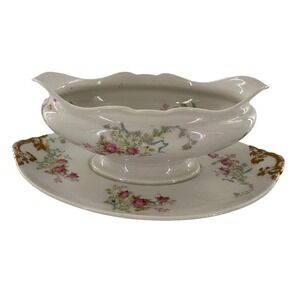 Vtg Theo Haviland Limoges Gold Rose Gravy Boat Underplate Discontinued Victorian